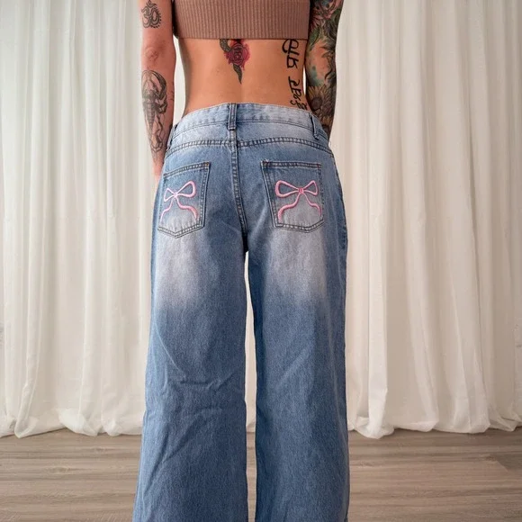 Low Rise Baggy Jeans Ribbon Bow Detail Wide Leg Jeans Telepatia Size 26 - Picture 3 of 7
